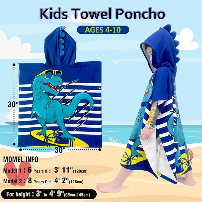 Hooded Kids Beach Towels - Toddler Bath Towel Girls Boys Swim Cover-ups for Ages 4 to 10 Kids Pool Towels Quick Dry Lightweight Soft Microfiber Poncho 30x30 with Bag (Navy Dinosaur)