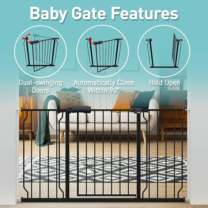 WAOWAO Baby Gate 33.86-38.58" Extra Wide Pressure Mounted Walk Through Swing Auto Close Safety Black Metal Toddler Kids Child Dog Pet Puppy for Stairs,Doorways,Kitchen