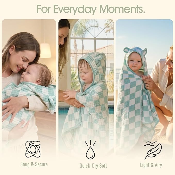 Ultra-Soft Muslin Toddler Hooded Towel - 55 x 28 Inches, Ideal for Bath & Beach, Suitable for Both Boys & Girls from Newborns to Toddlers Green Check