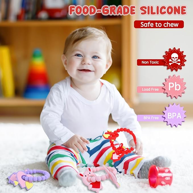 Valentine Teething Toys, Silicone Baby teethers 0-6 Months Easy for Little Hands to Hold, Cupid and Heart Rabbit for Valentine's Day Baby Teething Toys (Valentine Pink)