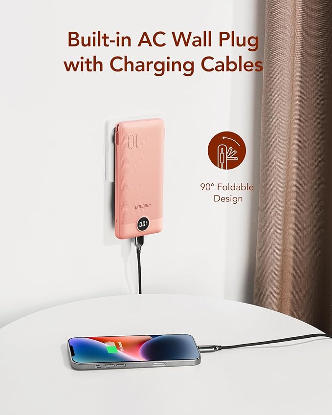 VEGER Portable Charger with Built-in AC Plug and Cables, All in One 10000mAh Ultra Slim Power Bank Travel Essentials, 15W Fast Charging Battery Pack Compatible with iPhone, Samsung, More(Dark Pink)