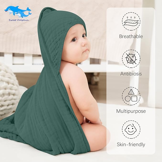 SWEET DOLPHIN Muslin Hooded Baby Bath Towels - 2 Pack 100% Cotton Towel for Babies, Infants, Toddlers - 32x32Inch - Highly Absorbent and Newborn Essential, Deep Emerald