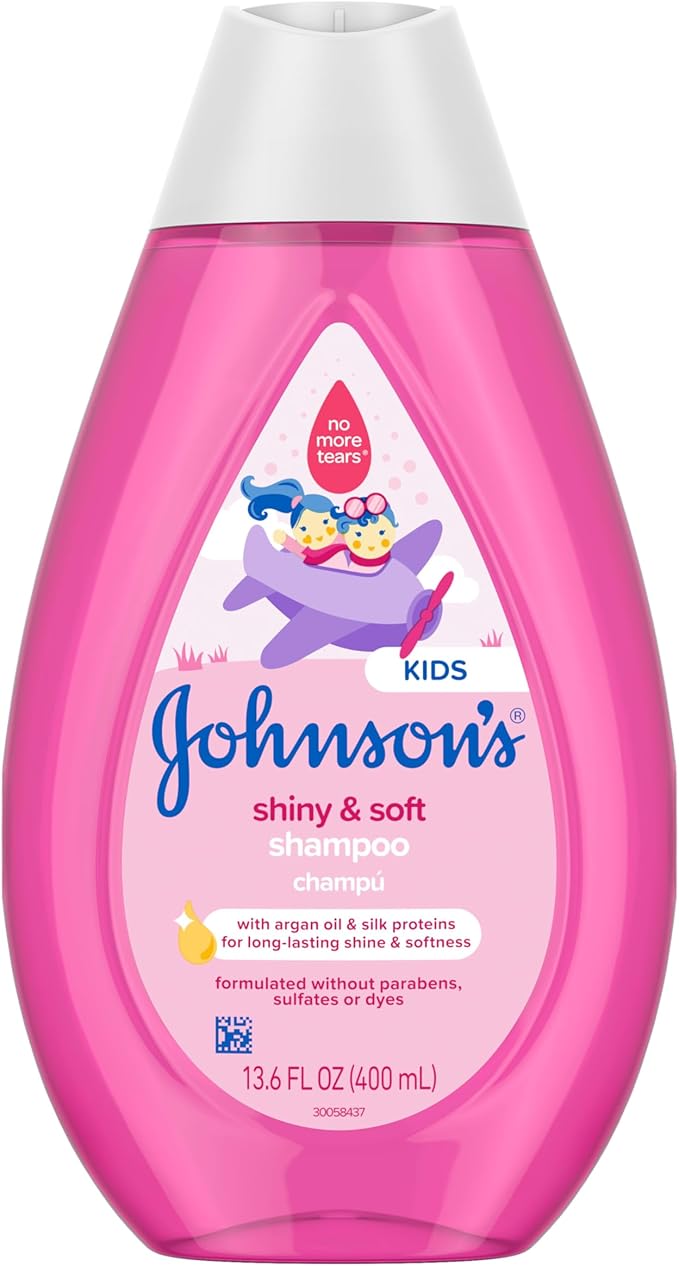 Johnson's Shiny & Soft Kids' Shampoo with Argan Oil & Silk Proteins, Daily Kids’ Hair Wash Gently Cleanses & Boosts Natural Shine & Softness, No Added Parabens & Sulfates, 13.6 fl. oz