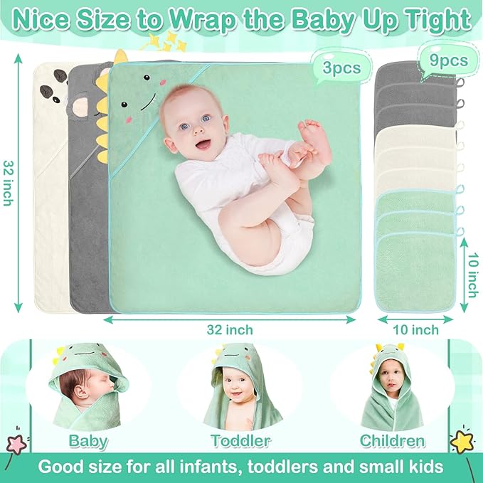 12 Pcs Baby Towels and Washcloths Set, Hooded Baby Towel, Soft and Absorbent Baby Bath Towels, 3 PCS Cute 32x32 in Baby Towel with Hood and 9 Pcs Baby Washcloths for Boys and Girls