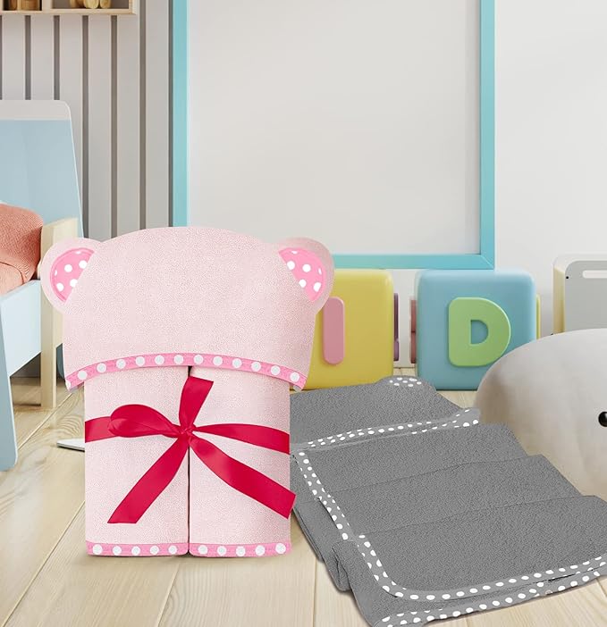 Set of 2 Hooded Baby Towels – Pink and Grey – Luxurious, Large and Super Absorbent – 30 x 30 Inch – Soft and Suitable for Infants, Toddlers and Kids – 400 GSM