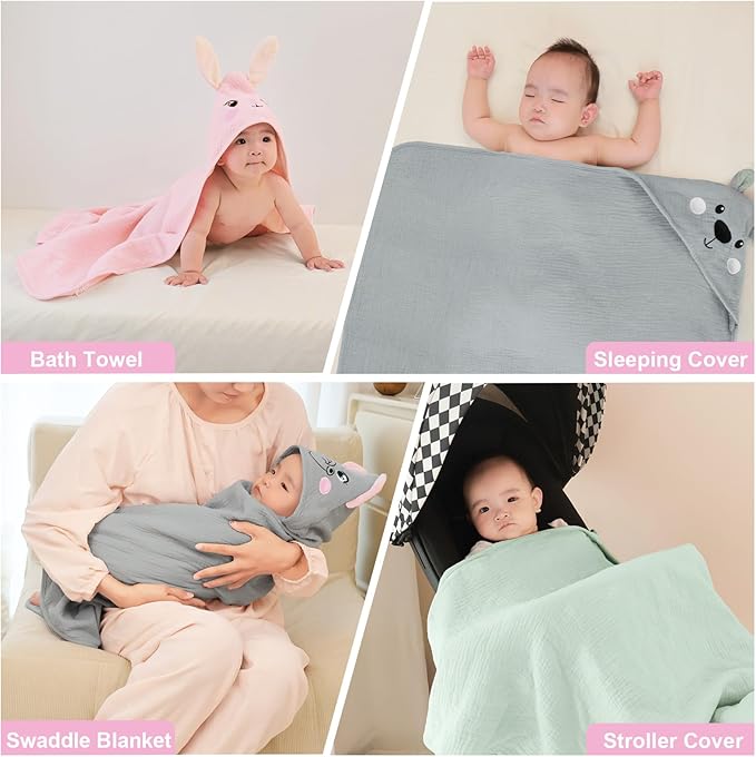 FIOBEE Hooded Baby Towels 100% Muslin Baby Bath Towels for Newborn with Animal Design Ultra-Soft and Absorbent Bath Essentials for Toddler, Unisex Girls Boys 30 x 30 inch, Pink Bunny