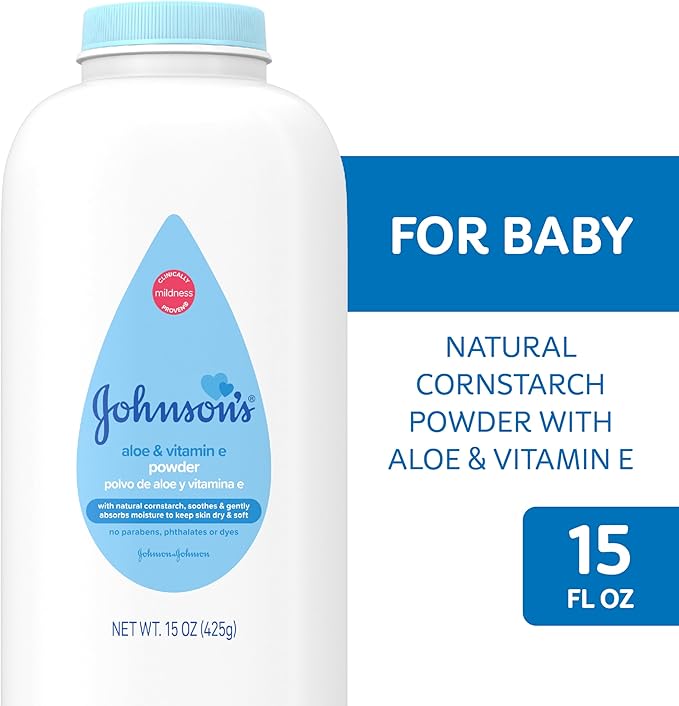 Johnson's Baby Powder with Naturally Derived Cornstarch, Aloe & Vitamin E for Delicate Skin, Hypoallergenic, Free of Parabens, Phthalates & Dyes for Gentle Baby Skin Care, 15 oz