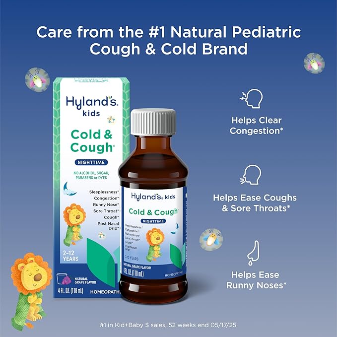 Hyland's Kids Cold and Cough, Nighttime Grape Flavor Cough Syrup Medicine for Kids Ages 2 and up, Decongestant, Sore Throat, and Sleeplessness Relief of Common Cold Symptoms, 4 Fl Oz