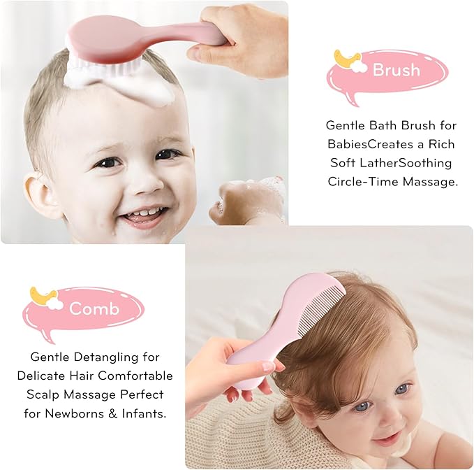 Baby Care Kit, Baby Grooming Kit,6-Piece Newborn Grooming Set with PP Baby Comb & Brush, Silicone Nasal Aspirator, Travel Bottles (60ml/20ml), Toothbrush, Newborn Care Set (Pink)