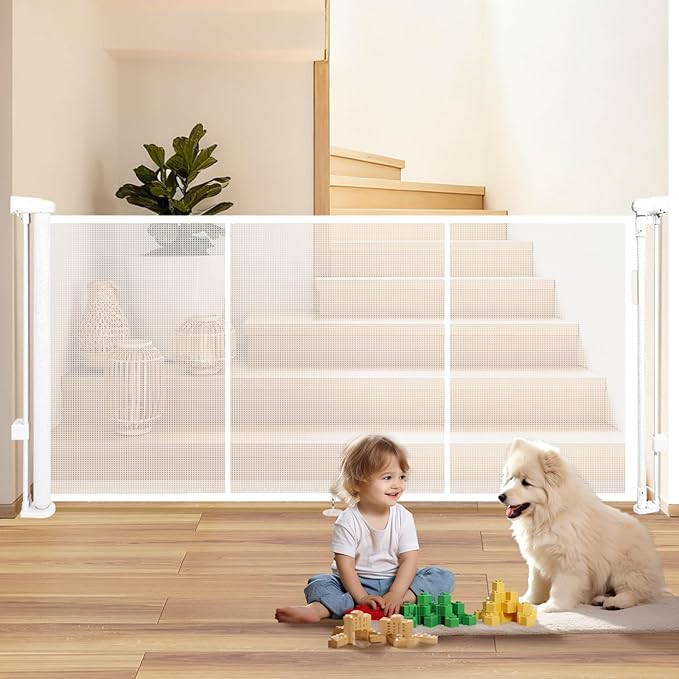 81" Retractable Baby Gate Extra Wide, 41" Tall Retractable Dog Gate for Stairs, Doorways, Decks, Mesh Gate Long Child Gate Pet Gate for Indoor, Outdoor, with Reinforced Mesh Rods, Dual Locks