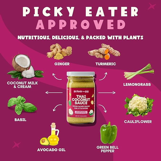 Beyond the Bib All Natural Toddler Sauces for Picky Eaters - Hidden Vegetables, No Added Sugar, Quick & Healthy Mealtime Solution - For 24+ Months (Thai Coconut Sauce - 3 Pack)