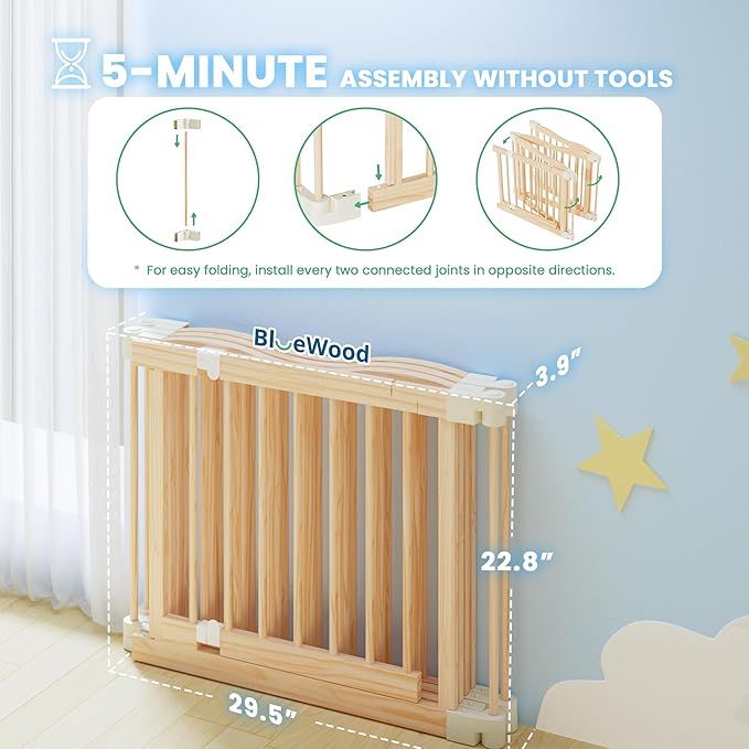 Foldable Wooden Playpen - Adjustable Wood Baby Play Yard with Child-Proof Lock, Indoor Large Safety Fence for Babies and Toddlers - Easy Assembly, 30 x 30 x 24 inches, Nature Nest