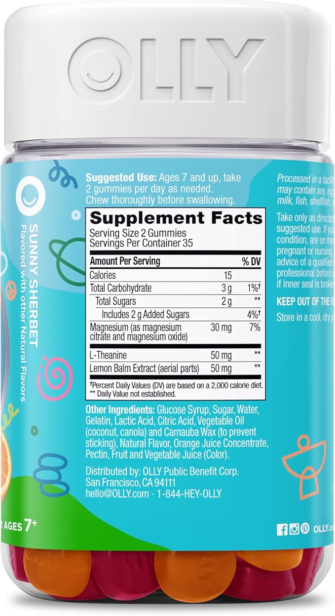 OLLY Kids Chillax Gummy, for a Calm and Relaxed Mood*, Magnesium, L-Theanine, Lemon Balm Extract, Chewable Supplement, Sherbet Flavored, 35 Day Supply - 70 Count (Packaging May Vary)