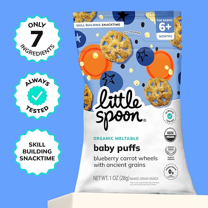 Little Spoon Blueberry Carrot Meltable Baby Wheels, Organic Corn, Quinoa & Sorghum, No Added Sugar Snacks, Encourages Self-Feeding, 1 Oz Bag, 4 Pack