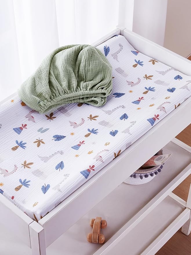 TILLYOU Muslin Changing Pad Cover for Baby Girls Boys, Soft and Breathable Cotton Diaper Changing Table Cover, 2 Pack(Dinosaur)