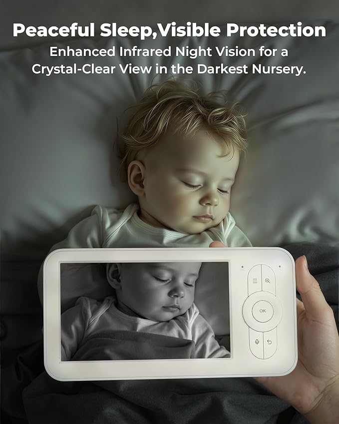 hazen No WiFi Baby Monitor with Camera and Audio, 5" Screen, 30-Hour Battery Life, Pan-Tilt-Zoom Camera, Night Vision, VOX, 2-Way Talk, 8 Lullabies, 1000ft Range, Baby Essentials, White