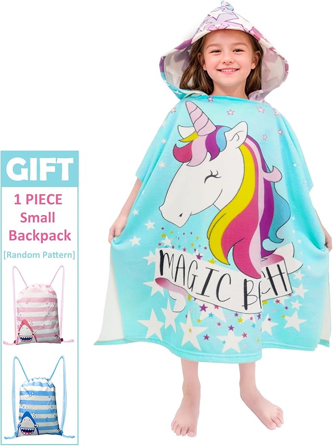 Hooded Kids Beach Towels - Toddler Bath Towel Girls Boys Swim Cover-ups for Ages 4 to 10 Kids Pool Towels Quick Dry Lightweight Soft Microfiber Poncho 30x30 with Bag (Aqua Unicorn)
