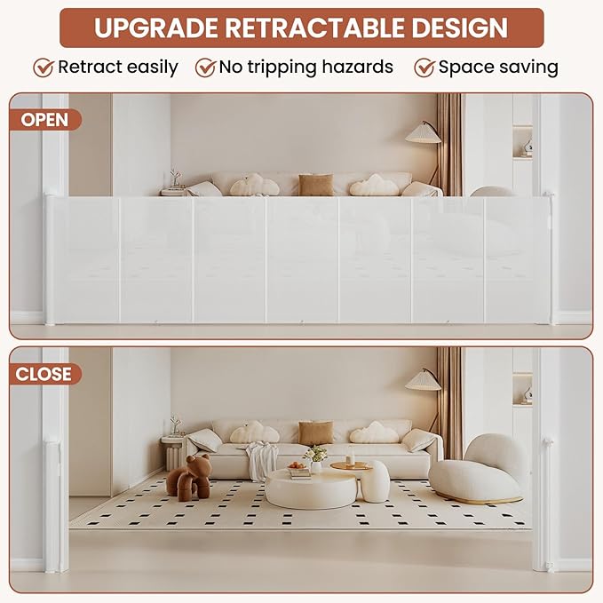 Upgrade Retractable Baby Gates Extra Wide(150" W x 42" H), 150 inch Reinforced Retractable Dog Gate to Prevent Crawling Through, Retractable Gate Outdoor/Indoor, Real One-Handed Operation, White