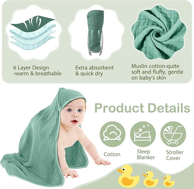 Peryiter 4 Pcs Muslin Hooded Baby Towels 32x32inch Cotton Newborn Bath Essentials Muslin Infant Blankets Absorbent Registry Baby Shower Present for Babies Girl Boy Kids (Green,Gray,Rust,Blue)