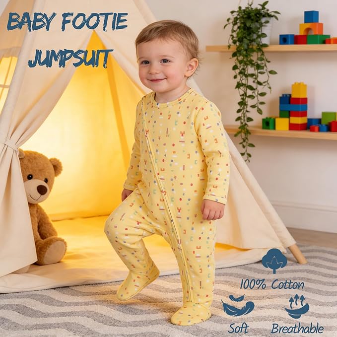 Baby Footie Jumpsuit, 100% Cotton Long Sleeve Footed Romper, Summer Outfit for 0-12 Months