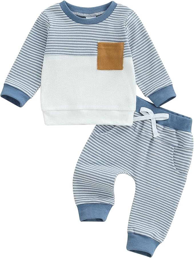 Toddler Baby Boy Fall Outfit Long Sleeve Crew Neck Contrast Color Sweatshirt Top Pant Cute Newborn Infant Waffle Clothes