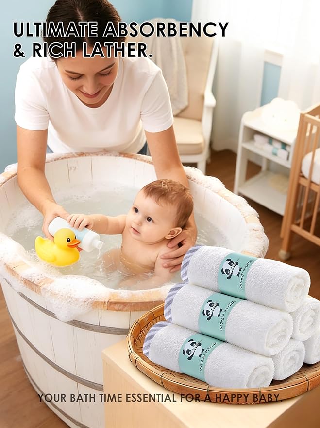 HIPHOP PANDA Baby Washcloths, Rayon Made from Bamboo - 2 Layer Ultra Soft Absorbent Newborn Bath Face Towel - Reusable Baby Wipes for Delicate Skin - Gray Stripe, 6 Pack