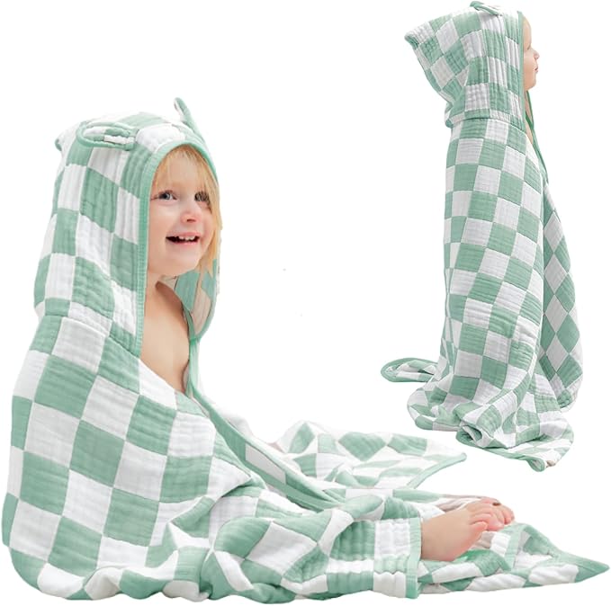 Ultra-Soft Muslin Toddler Hooded Towel - 55 x 28 Inches, Ideal for Bath & Beach, Suitable for Both Boys & Girls from Newborns to Toddlers Green Check