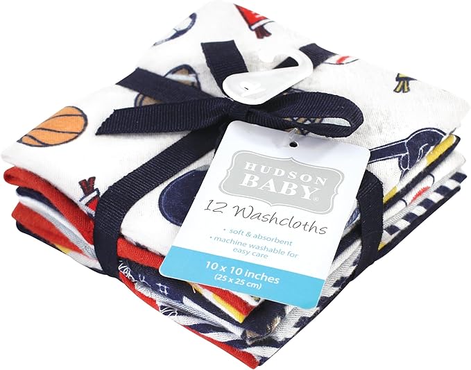 Hudson Baby Unisex Baby Flannel Cotton Washcloths, Sports Fan 12 Pack, One Size