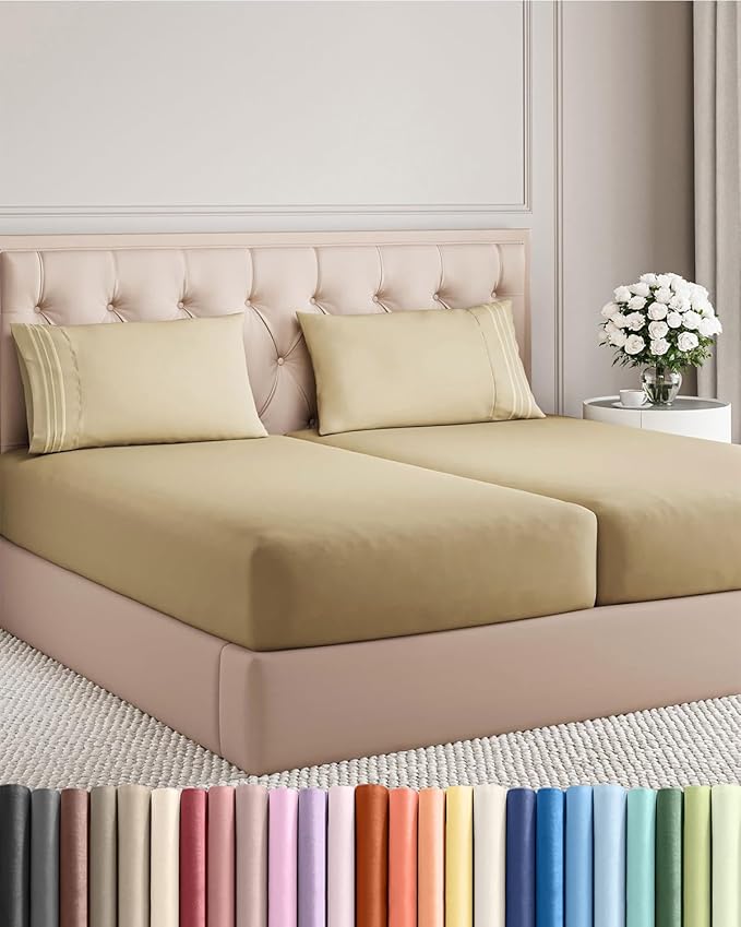Split King Size 5 Piece Sheet Set - Comfy Breathable & Cooling Bed Sheets Set - Hotel Luxury Bedding for Women, Men, Kids, Teens, Boys & Girls - Deep Pockets, Soft and Wrinkle Free - Oeko-Tex - Beige