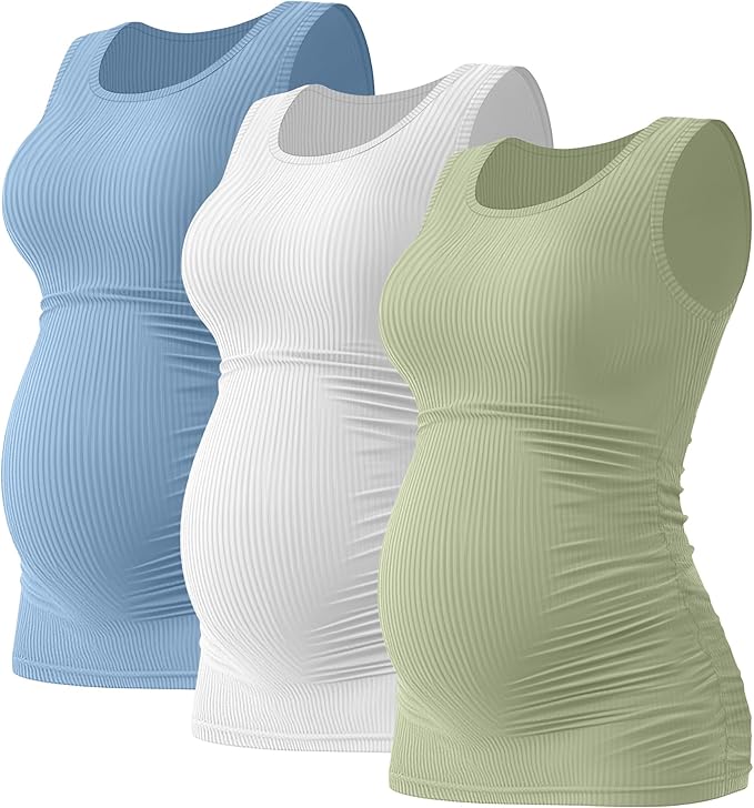 Riyiper 3 Pack Women's Maternity Tank Tops, Sleeveless Cotton Pregnancy Shirts Ribbed Knit Sides Ruched Basic Mama Clothes
