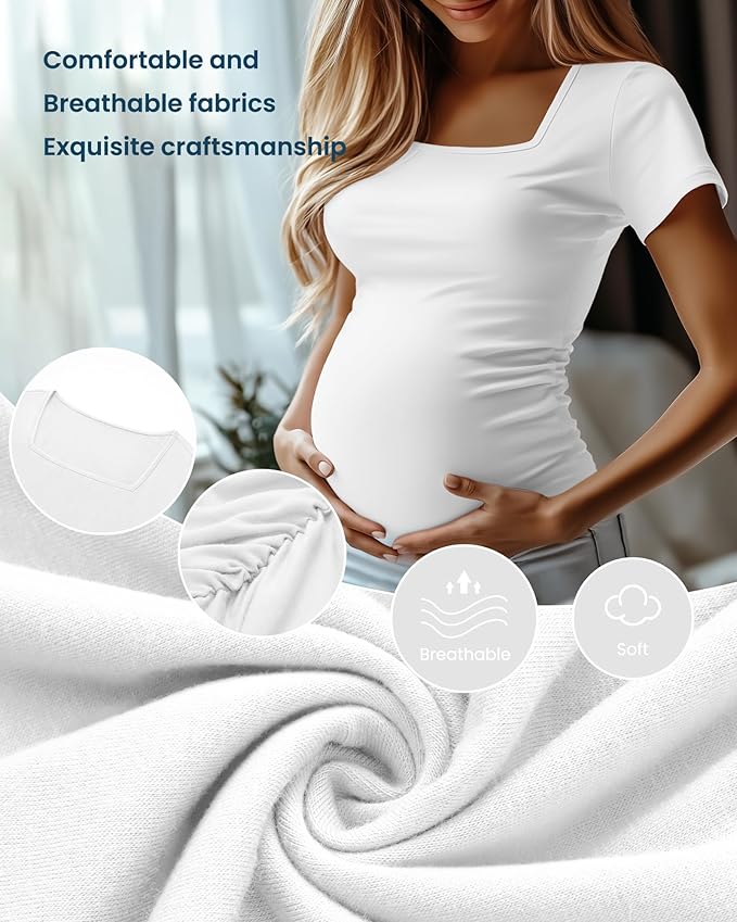 4 Pack Women's Maternity Shirts Cotton Square Neck Pregnancy Tops Side Ruched Summer Short Sleeve Tees Multipack