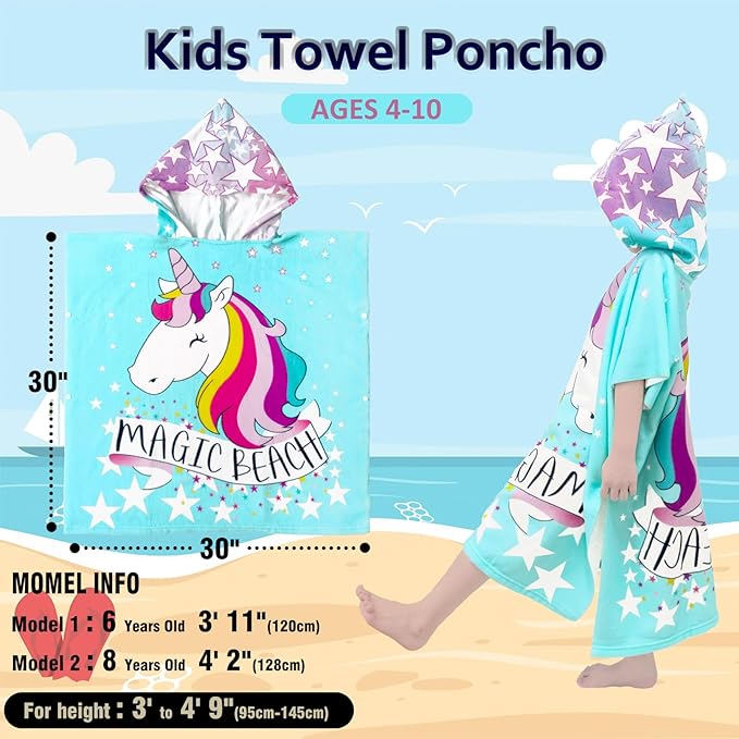 Hooded Kids Beach Towels - Toddler Bath Towel Girls Boys Swim Cover-ups for Ages 4 to 10 Kids Pool Towels Quick Dry Lightweight Soft Microfiber Poncho 30x30 with Bag (Aqua Unicorn)