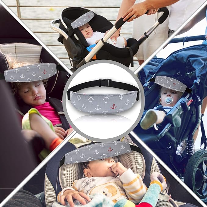 Carseat Head Support,Car seat Straps Pillow Support Ban,Stroller Neck Relief Strap Headrest,Slumber Sling Sleep Positioner (Gery Clouds+Anchor)