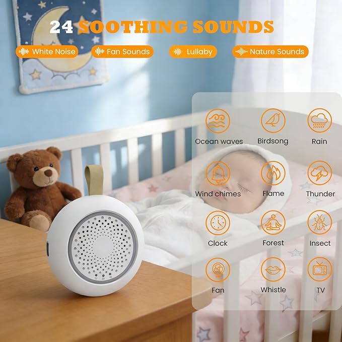 Portable White Noise Machine with Night Light, 24 Soothing Sounds for Baby & Adults, Rechargeable Sound Machine for Sleep, Noise Canceling for Office, Travel, Nursery, Gifts for Mom
