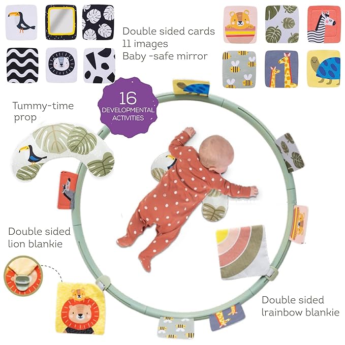 Taf Toys Tummy Time Set with Ergonomic Toy, Double-Sided High Contrast Black & White Flash Cards & Mirror Card, Developmental Baby Play Mat Accessories & Card Stands for Newborn Infant Tummy Time