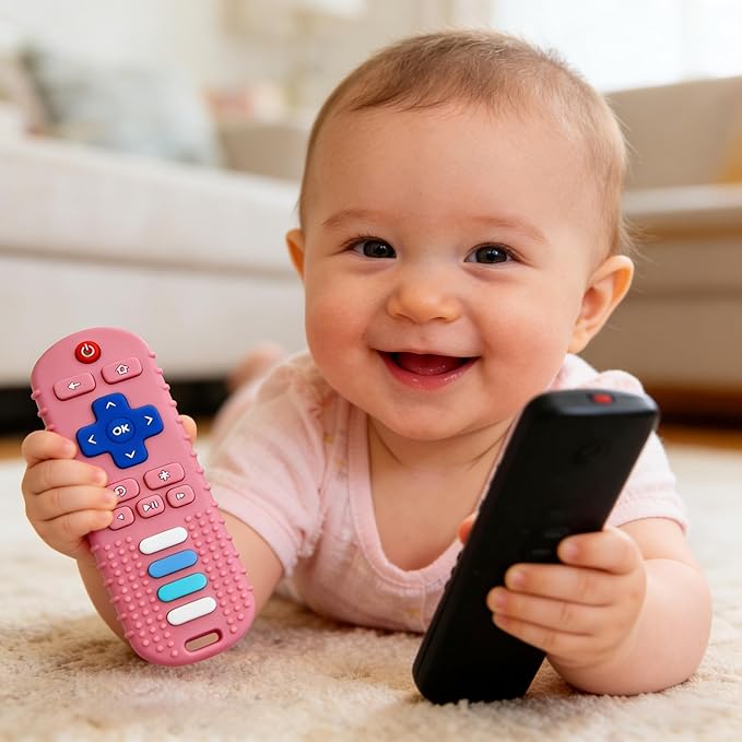 Baby Teether Toy,TV Remote Control Shape Teething Relief Chew Toy for Infants 3-24 Months, BPA Free, Pink