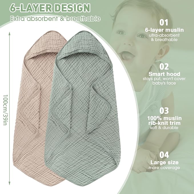 Synrroe 2 Pack Hooded Muslin Cotton Baby Towels (Green/Brown), 32 by 32 Inches, Ultra-Soft & Breathable for Baby Bath Time