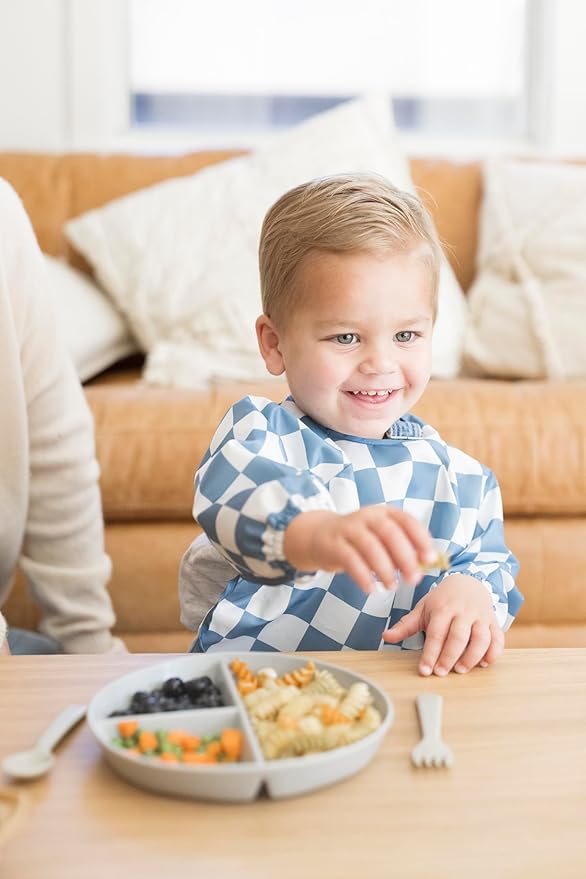 Tiny Twinkle Long Sleeve Bib for Babies & Toddlers | Waterproof Smock Bib for Eating | Machine Washable & Mess-Proof Feeding Essentials | Newborn Shower Gift (Checkers Blue, 2-4Y)