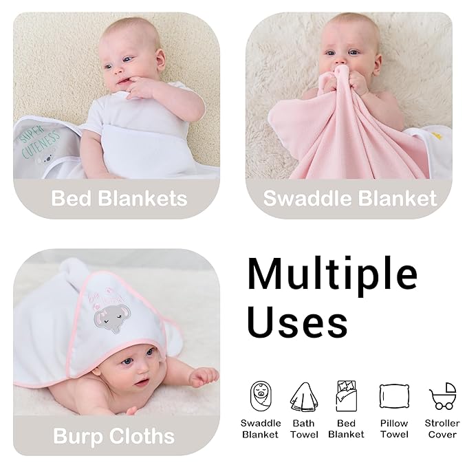 Viviland Baby Towels and Baby Wash Cloths Set Hooded Baby Towels Baby Wipes Absorbent Bath Face Towels Burp Cloths or Face Towels for Girl Boy 6-Pack Size 28 x 28 Inch(Elephant Flower)