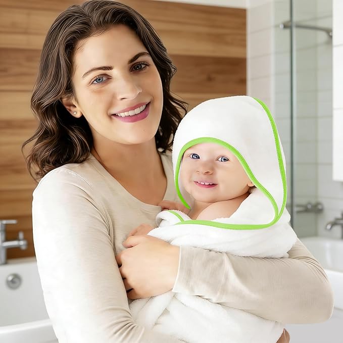 2 Pack Baby Bath Towel - Rayon Made from Bamboo, Ultra Soft Hooded Towels for Babies,Toddler,Infant - Newborn Essential -Perfect Baby Registry Gifts for Boy Girl (White and Green, 30 x 30 Inch)
