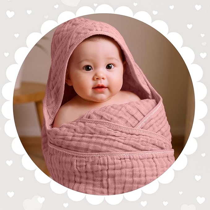 Peryiter 4 Pcs Muslin Hooded Baby Towels 32x32inch Cotton Newborn Bath Essentials Muslin Infant Blankets Absorbent Registry Baby Shower Present for Babies Girl Boy Kids (Dark Color)