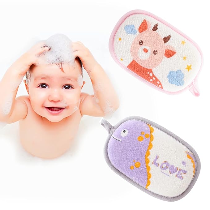Baby Bath Sponge, 2 Pack Cartoon Animal Style Baby Sponge for Bathing, Infants Bath Sponge Ultra Soft & Absorbent Natural and Safe Great for Sensitive Skin, for Boys & Girls (Deer & Loong)