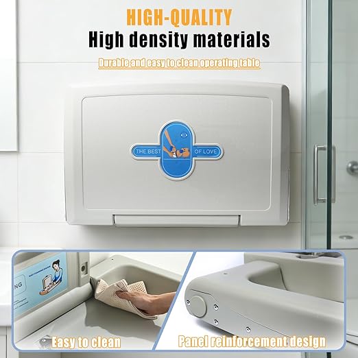 PXNTLA-Wall Mounted Commercial Baby Changing Station, Foldable Diaper Change Table for Public Bathroom with Adjustable Safety Strap, Dual Side Hooks & Foldable Storage Boxes