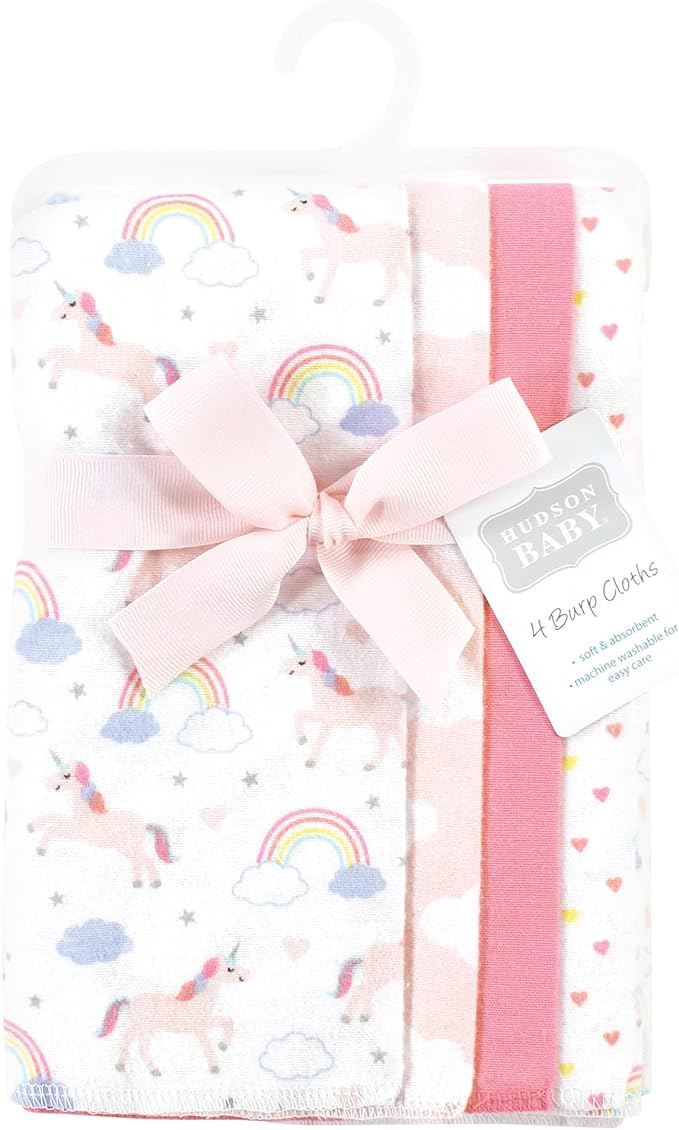 Hudson Baby Cotton Poly Flannel Burp Cloths Multipack, Unicorns Rainbows 8-Pack, One Size