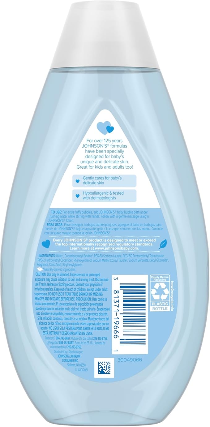 Johnson's Baby Bubble Bath for Gentle Baby Skin Care, Paraben & Sulfate-Free, Pediatrician-Tested, Hypoallergenic, Tear-Free, 13.6 Fl Oz (Pack of 2)