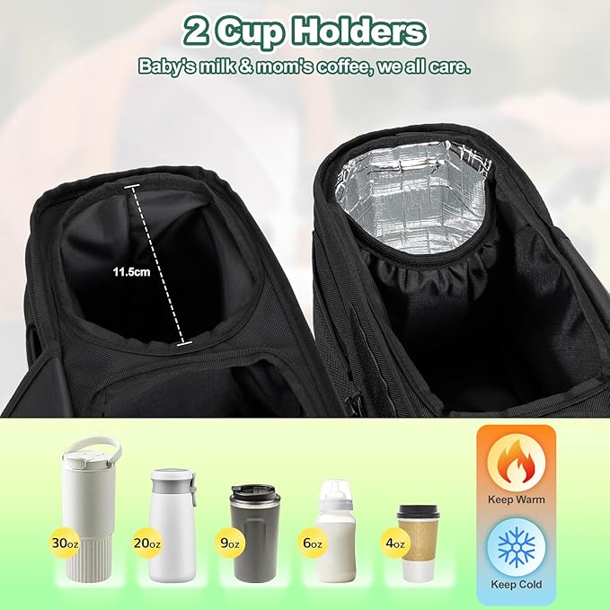 Universal Stroller Organizer Bag, Stroller Caddy with Insulated Cup Holders & Detachable Phone Bag and Shoulder Strap, Stroller Bag for Baby Accessories Fits Most Strollers On Travel, Walks (Black)