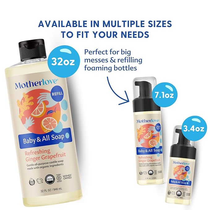 Motherlove Baby & All Soap (32 oz) Gentle Foaming All-Purpose Castile Soap Made with Organic Ingredients – Refreshing Ginger Grapefruit