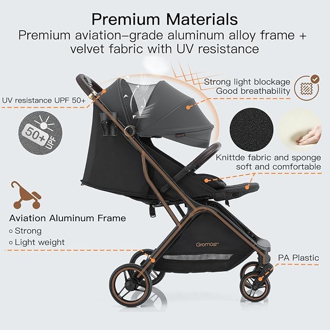 Gravity Folding Baby Stroller - Portable Travel Toddler Stroller w/Adjustable Backrest, Canopy, Footmuff & Cup Holder, Lightweight and UV Protected, One-Hand Automatic Folding - Dark Gray