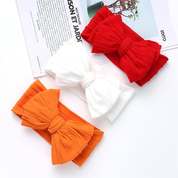 Halloween Baby Girl Bows Newborn Headband Stretchy Double Bows Soft Infant Toddlers (Red& White& Orange)