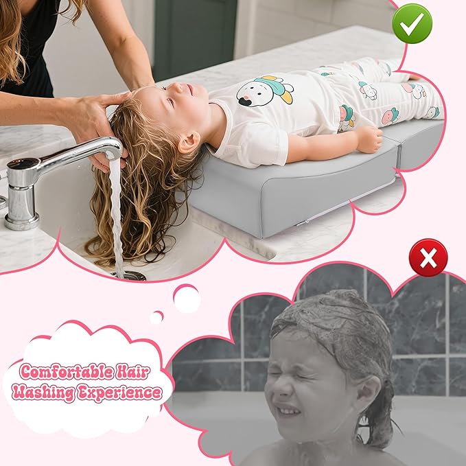 Noverlife Gray Hair Washing Station for Toddler, Ergonomic Design Shampoo Buddy Foam Mat Foldable Sink Hair Washing Neck Support, Comfortable Hair Washing Mat with Zippers Hair Washing Seat for Sink